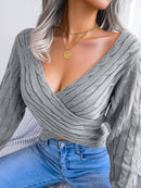 Women Sexy Cross V-Neck Cable Knit Long Sleeve Cropped Sweater - LuxSable