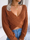 Women Sexy Cross V-Neck Cable Knit Long Sleeve Cropped Sweater - LuxSable