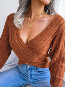Women Sexy Cross V-Neck Cable Knit Long Sleeve Cropped Sweater - LuxSable