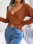 Women Sexy Cross V-Neck Cable Knit Long Sleeve Cropped Sweater - LuxSable