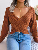 Women Sexy Cross V-Neck Cable Knit Long Sleeve Cropped Sweater - LuxSable