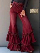 Denim-like Printed Multi-layer Ruffled Flared Pants - LuxSable