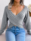 Women Sexy Cross V-Neck Cable Knit Long Sleeve Cropped Sweater - LuxSable